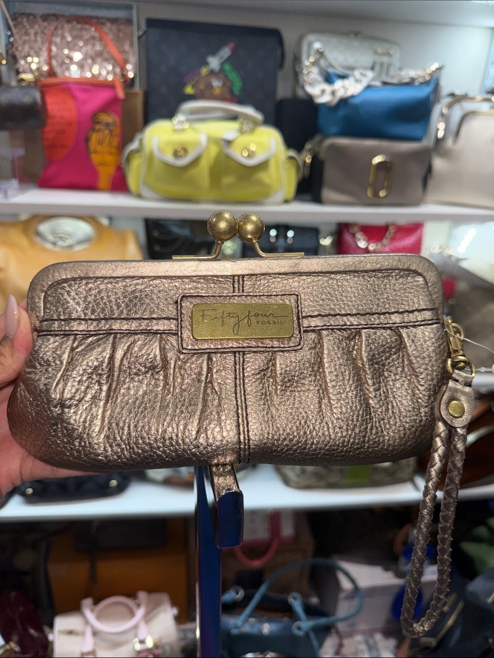 Fossil Rare Metallic Bronze Wristlet Kiss lock Clutch with Braided Strap